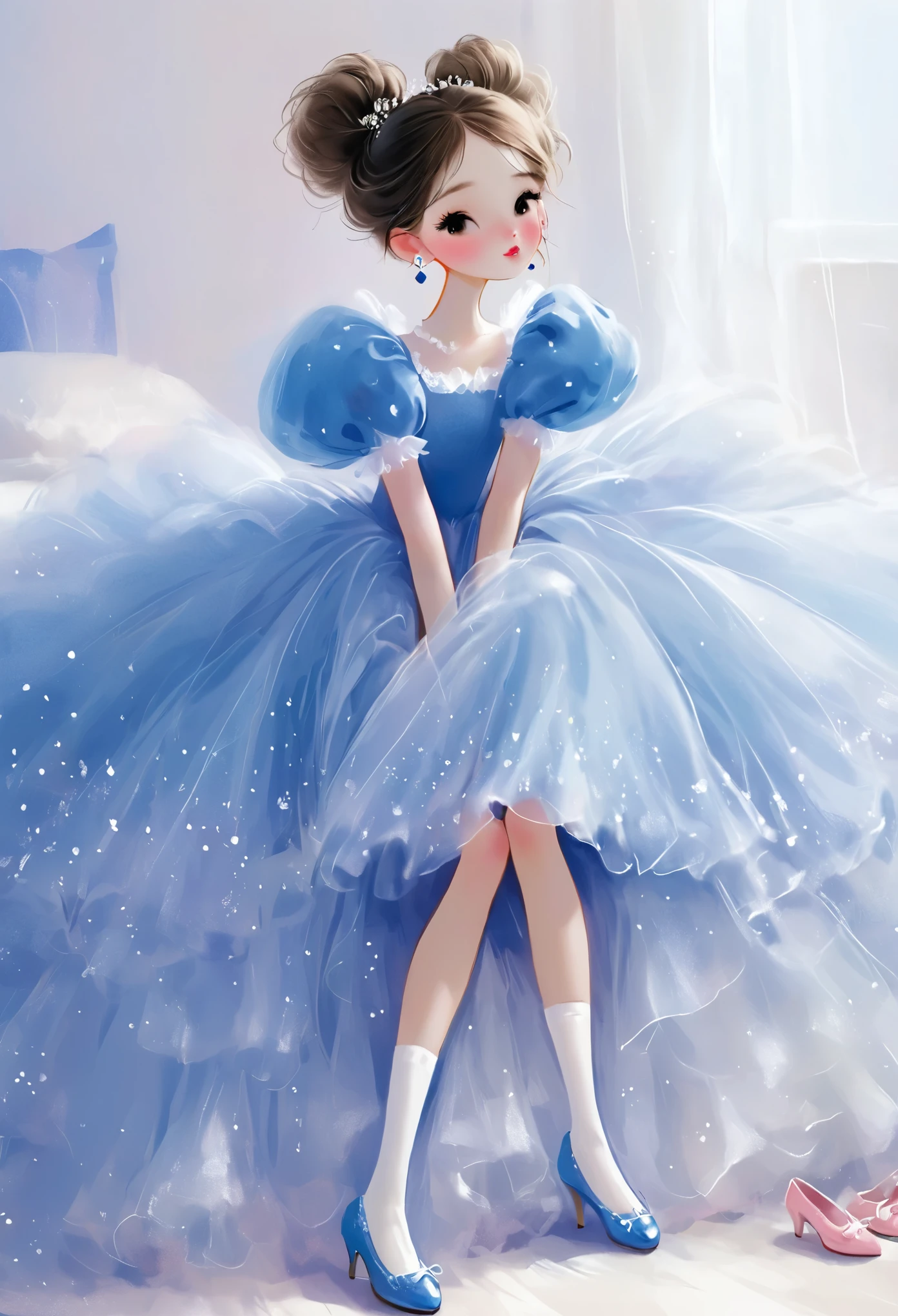 Rough texture,Hand-drawn style,sketch:1 girl,elegant,Fluffy skirt,Puff sleeves,Princess dress,Socks,shoe,earrings,Clean background,solitary,