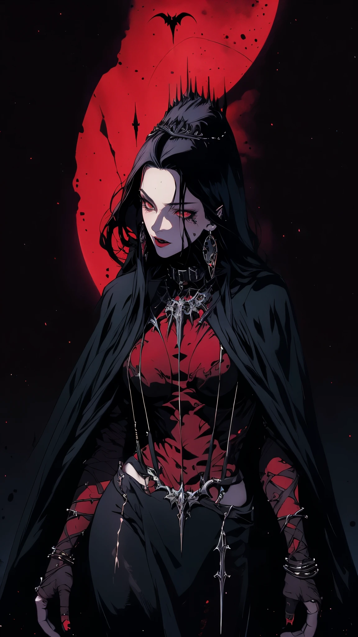 (best quality,4k,8k,highres,masterpiece:1.2),ultra-detailed,(realistic,photorealistic,photo-realistic:1.37),illustration,dark gothic costume,dark goddess,red dark background,queen of the underworld,queen of darkness,goddess of death,queen of dark goth,gotic atmosphere,dark maiden,horror gothic atmosphere,queen of the underground world,vampire queen,dark fantasy art,simple art for dark metal,Diablo 4 Lilith, stocking suspenders, large breasts