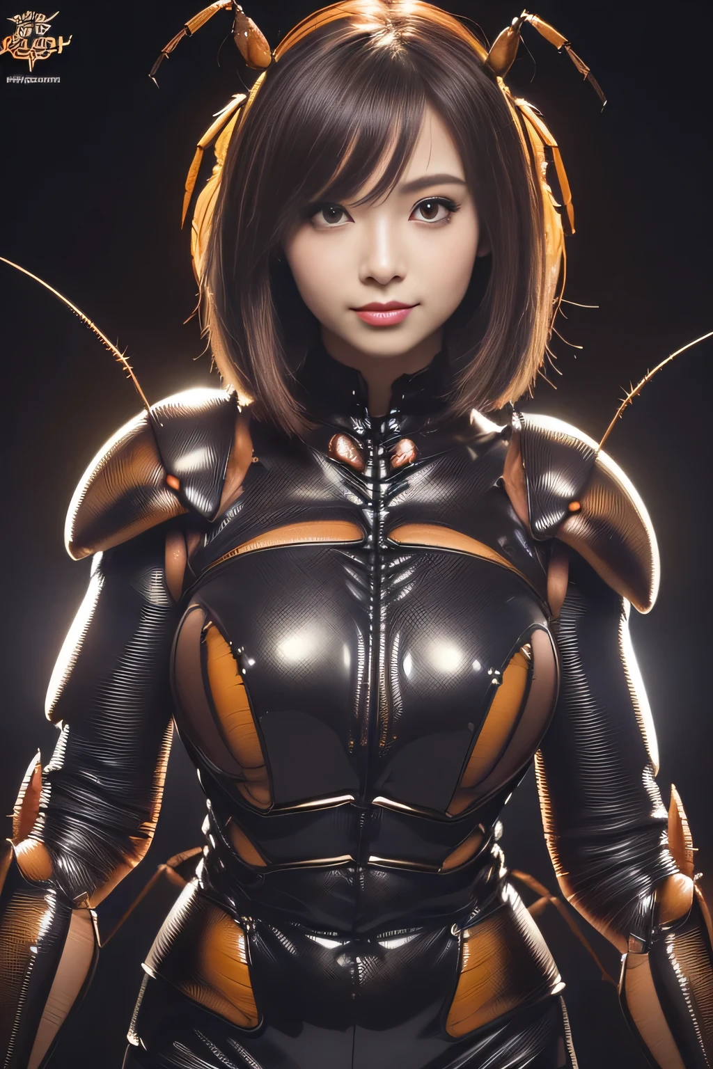 (high resolution,masterpiece,best quality,extremely detailed CG, anime, official art:1.4), realistic, photo, amazing fine details, all intricate, gloss and shiny,awesome many layers, 8k wall paper, 3d, sketch, kawaii, illustration,( solo:1.4), perfect female proportion,villainess, (fusion of dark brown cockroach and lady:1.4), (brown cockroach form lady:1.2), (brown cockroach lady:1.2), (fusion:1.2), (solo:1.4), (evil smile:1.2), muscular, abs, (cockroach brown exoskeleton bio insect suit:1.4), (cockroach brown exoskeleton bio insect armor:1.2), (brown transparency cockroach wing:1.4), (brown cockroach antennae:1.3),