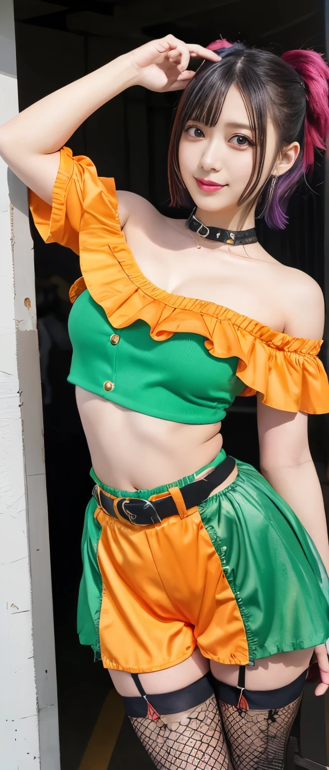 Gorgeous punk idol girl、whole body、Good style、、、、、、、、Orange and green punk costume(Shorts Style、Off the shoulder)、、、、、Roll Hair、Wonder Belt、Fishnet tights