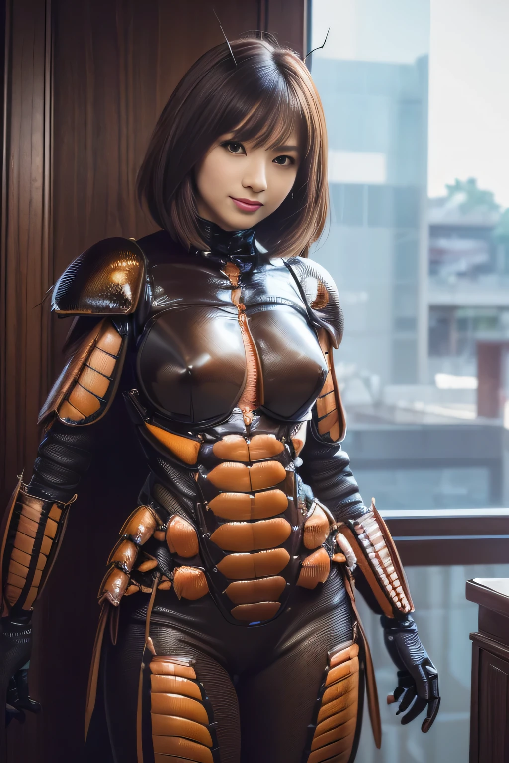 (high resolution,masterpiece,best quality,extremely detailed CG, anime, official art:1.4), realistic, photo, amazing fine details, all intricate, gloss and shiny,awesome many layers, 8k wall paper, 3d, sketch, kawaii, illustration,( solo:1.4), perfect female proportion,villainess, (fusion of dark brown cockroach and lady:1.4), (brown cockroach form lady:1.2), (brown cockroach lady:1.2), (fusion:1.2), (solo:1.4), (evil smile:1.2), muscular, abs, (cockroach brown exoskeleton bio insect suit:1.4), (cockroach brown exoskeleton bio insect armor:1.2), (brown transparency cockroach wing:1.4), (brown cockroach antennae:1.3),