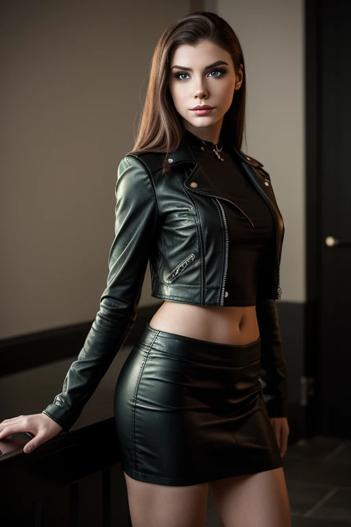 18 year old gothic british girl, leather pencil skirt, leather jacket, medium breasts, red lips, green eyes, medium eyelashes, medium nose, medium ears, thick eyebrows, long redhair, looks silly away, natural skin, moles on skin, (cinematic, film grain: 1.1) smile, dynamic body posture, full body, + cinematic darkness, chiaroscuro, contrasted, ma(:0)disyn s(:0)hipman, all prologue, continuation, youth body, at the French Riviera film festival, corporate punk, wrapped, surreal, high quality photography , 3-point lighting, flash with softbox, 4k, leica m6, hp5 plus, sharp focus, high resolution, award-winning photography, medium photo grain, 50mm, f2.8, depth of field