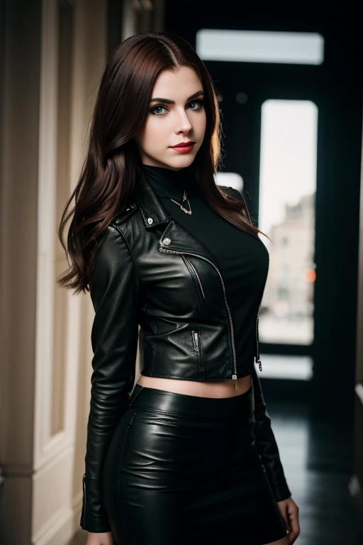 18 year old gothic british girl, leather pencil skirt, leather jacket, medium breasts, red lips, green eyes, medium eyelashes, medium nose, medium ears, thick eyebrows, long redhair, looks silly away, natural skin, moles on skin, (cinematic, film grain: 1.1) smile, dynamic body posture, full body, + cinematic darkness, chiaroscuro, contrasted, ma(:0)disyn s(:0)hipman, all prologue, continuation, youth body, at the French Riviera film festival, corporate punk, wrapped, surreal, high quality photography , 3-point lighting, flash with softbox, 4k, leica m6, hp5 plus, sharp focus, high resolution, award-winning photography, medium photo grain, 50mm, f2.8, depth of field