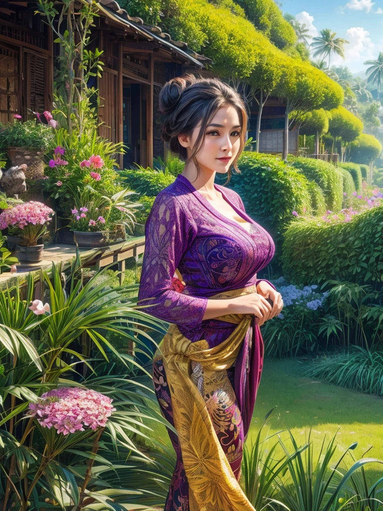 Gorgeous busty alluring curvy seducing Dutch-Sundanese peasant woman donning a semi transparent mediocre tight and thin kebaya dress and tight batik long skirt, simple messy bun hairdo with small beautiful flowers in her hair, perfect eyes, perfect face, insanely detailed and intricate terraced rice field background with bamboo forest and coconut plantation in a far distance, a vibrant beautiful flower bush in foreground, oil on canvas painting, realistic style, heavily influenced by Don Lawrence photorealistic brush stroke style