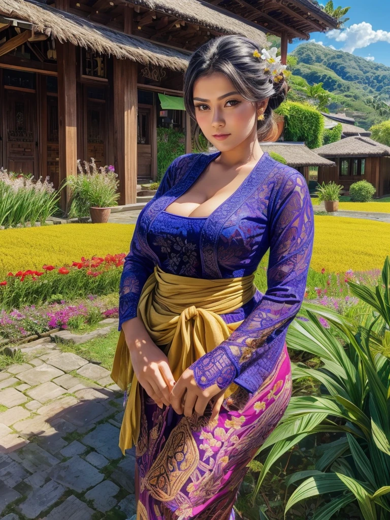 Gorgeous busty alluring curvy seducing Dutch-Sundanese peasant woman donning a semi transparent mediocre tight and thin kebaya dress and tight batik long skirt, simple messy bun hairdo with small beautiful flowers in her hair, perfect eyes, perfect face, insanely detailed and intricate terraced rice field background with bamboo forest and coconut plantation in a far distance, a vibrant beautiful flower bush in foreground, oil on canvas painting, realistic style, heavily influenced by Don Lawrence photorealistic brush stroke style