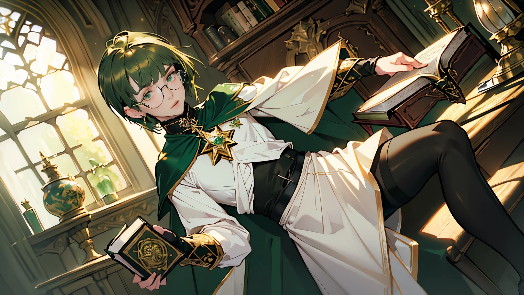 masterpiece, ultra detailed, 8k portrait, RAW photo, portrait photography, highly detailed face, beautiful and meticulous eyes, ((Fantasy)), Young beautiful, , , dynamic pose, (((short deep green bobbed hair))), blunt bangs, White skin color, glasses, Luxury, (((white tunic and skirt))), (((green cape))), (((golden brooch))), (((little waist hip pouch))), (((dark thigh high tights))), high cut leather boots, ((holding magic book)), Midday Sun, hyper realistic, slender body, flat chest, Long legs, in the medieval magic classroom, Ambient lighting, Shadow details , Camera focus on face, strong breeze, Light fog