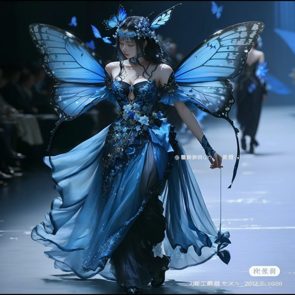 A woman in a blue dress、Close-up of a lady with a butterfly on her head, fantasy costumes, Clothing with blue accents, Full of fairy, 玛格特·罗比 饰演 Fairy, Fantasy style costumes, High Fashion Fantasy, Dreamy dress, Fairy有翅膀, high class boutique, Thierry Muller, Fairy, taken in 2 0 2 0, Fairy美學