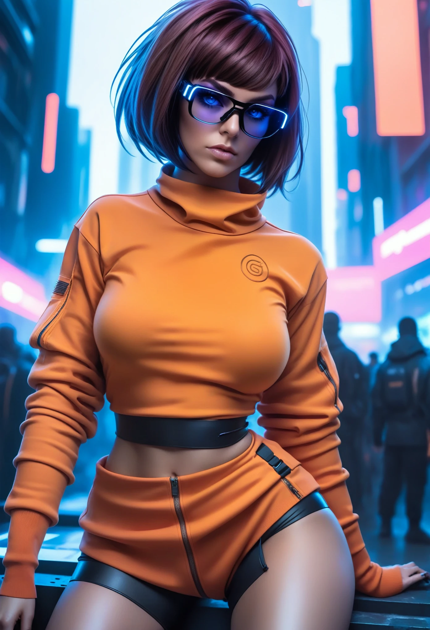 Techwear fashion in the style of artgerm, Cyberpunk Style, 1woman, Velma, cyberpunk clothing, female focus, city,cyberpunk background, robot, science fiction, solo, full body, wires and cables, . Futuristic, cyberpunk, urban, tactical, sleek, dark, highly detailed