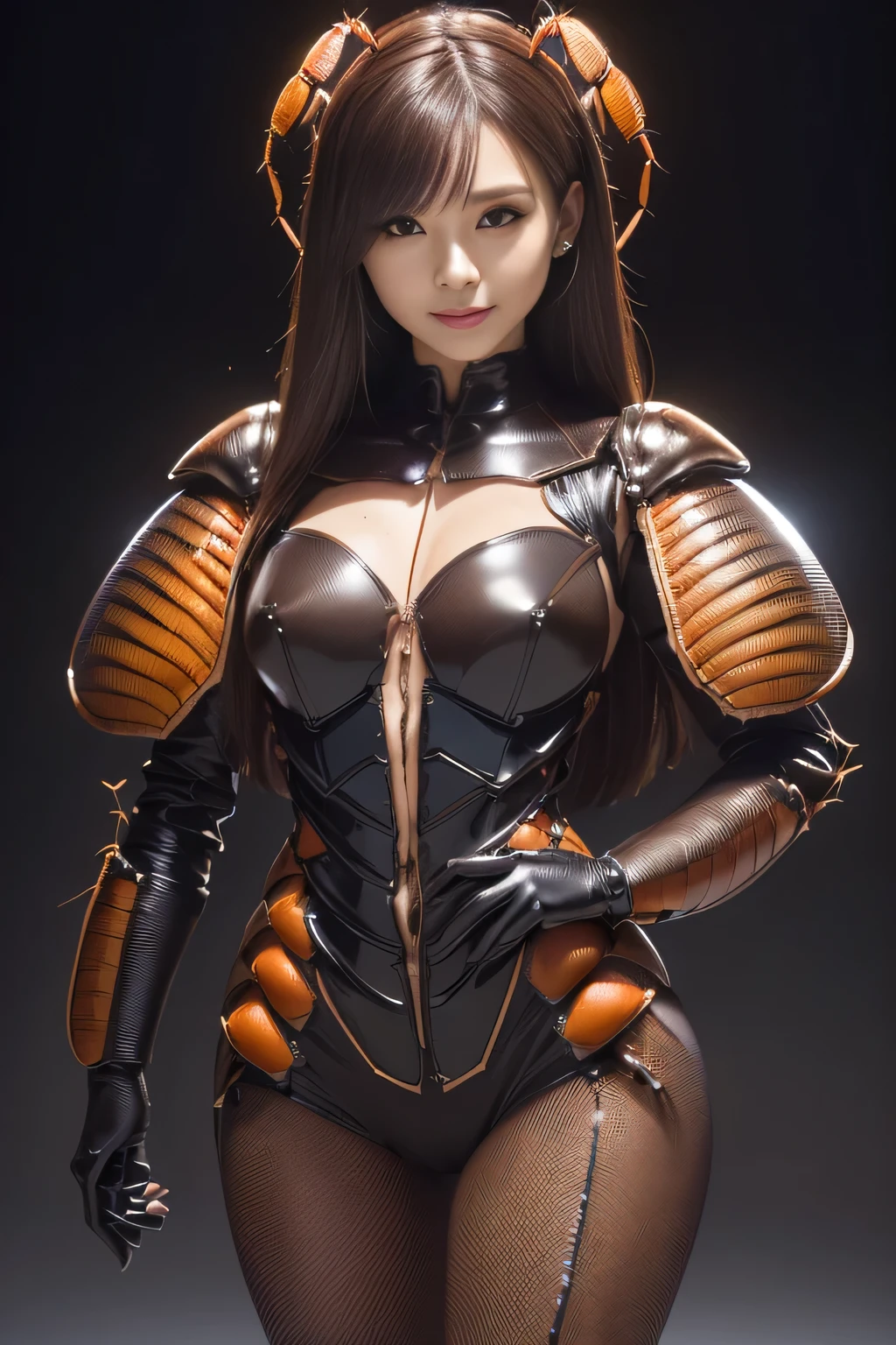 (high resolution,masterpiece,best quality,extremely detailed CG, anime, official art:1.4), realistic, photo, amazing fine details, all intricate, gloss and shiny,awesome many layers, 8k wall paper, 3d, sketch, kawaii, illustration,( solo:1.4), perfect female proportion,villainess, (fusion of dark brown cockroach and lady:1.4), (brown cockroach form lady:1.2), (brown cockroach lady:1.2), (fusion:1.2), (solo:1.4), (evil smile:1.2), muscular, abs, (cockroach brown exoskeleton bio insect suit:1.4), (cockroach brown exoskeleton bio insect armor:1.2), (brown transparency cockroach wing:1.4), (brown cockroach antennae:1.3),