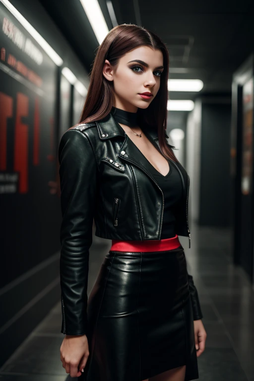 18 year old gothic british girl, long leather pencil skirt, leather jacket, medium breasts, red lips, green eyes, medium eyelashes, medium nose, medium ears, thick eyebrows, long redhair, looks silly away, natural skin, moles on skin, (cinematic, film grain: 1.1) smile, dynamic body posture, full body, + cinematic darkness, chiaroscuro, contrasted, ma(:0)disyn s(:0)hipman, all prologue, continuation, youth body, at the French Riviera film festival, corporate punk, wrapped, surreal, high quality photography , 3-point lighting, flash with softbox, 4k, leica m6, hp5 plus, sharp focus, high resolution, award-winning photography, medium photo grain, 50mm, f2.8, depth of field