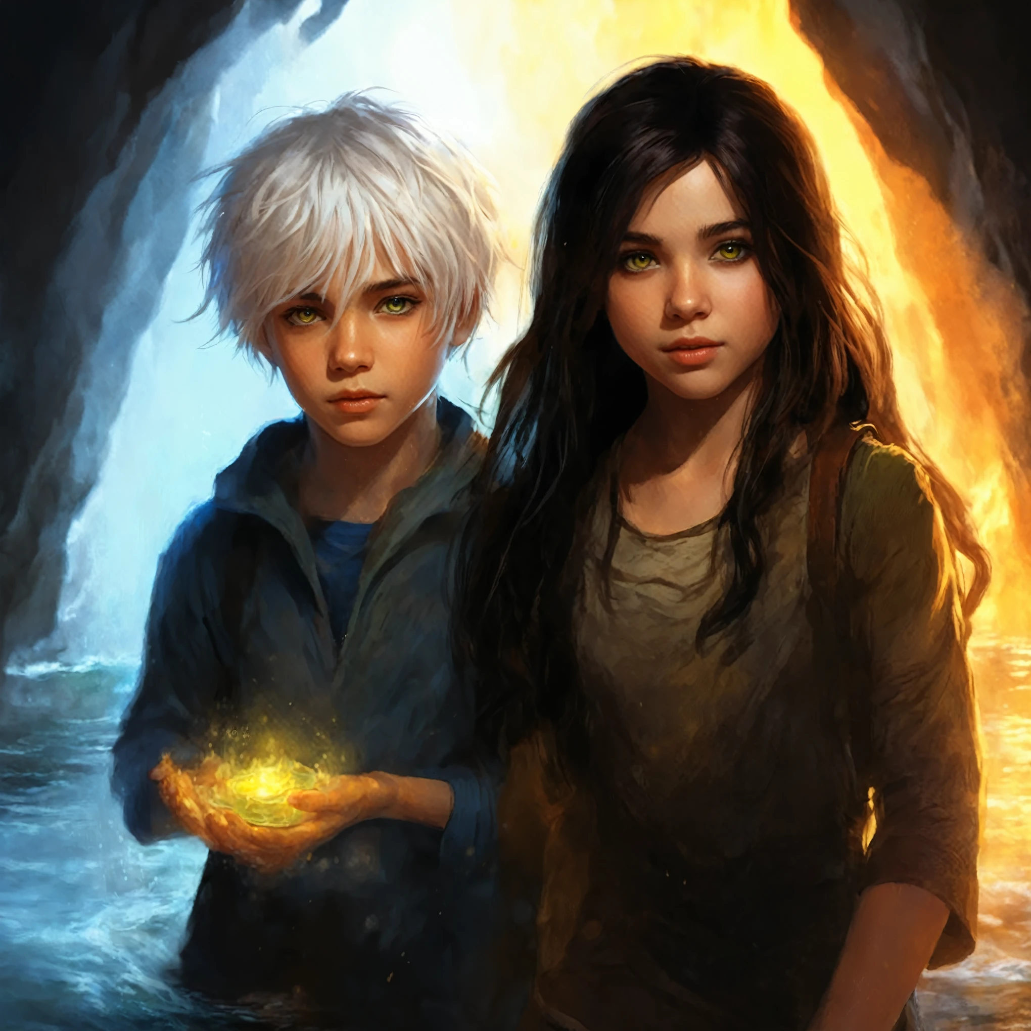 13 years, boy with green eyes and white hair, with water in hands, and a girl with yellow eyes, with dark hair, with water in hands, walk on water into a fiery cave , book portrait in the RPG genre, portrait of "Dungeons and Dragons", фэнтезийный portrait,  fantasy book illustration, graphic artist magali villeneuve, author&#39;s portrait in faces, concept art portrait in fantasy style, realistic fantasy style illustration, portrait, эпический role-playing portrait, portrait from below, role-playing portrait.