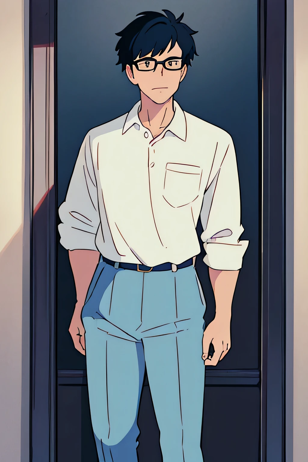 a person, jaw-line, strong, black eyes, wearing black frame glasses, tired eyes, black hair, tilted at the right side, full body, standing straight, looking into the camera straight, wearing a white shirt and navy-blue pant, full-body_portrait, ,stud10gh1bl1_style