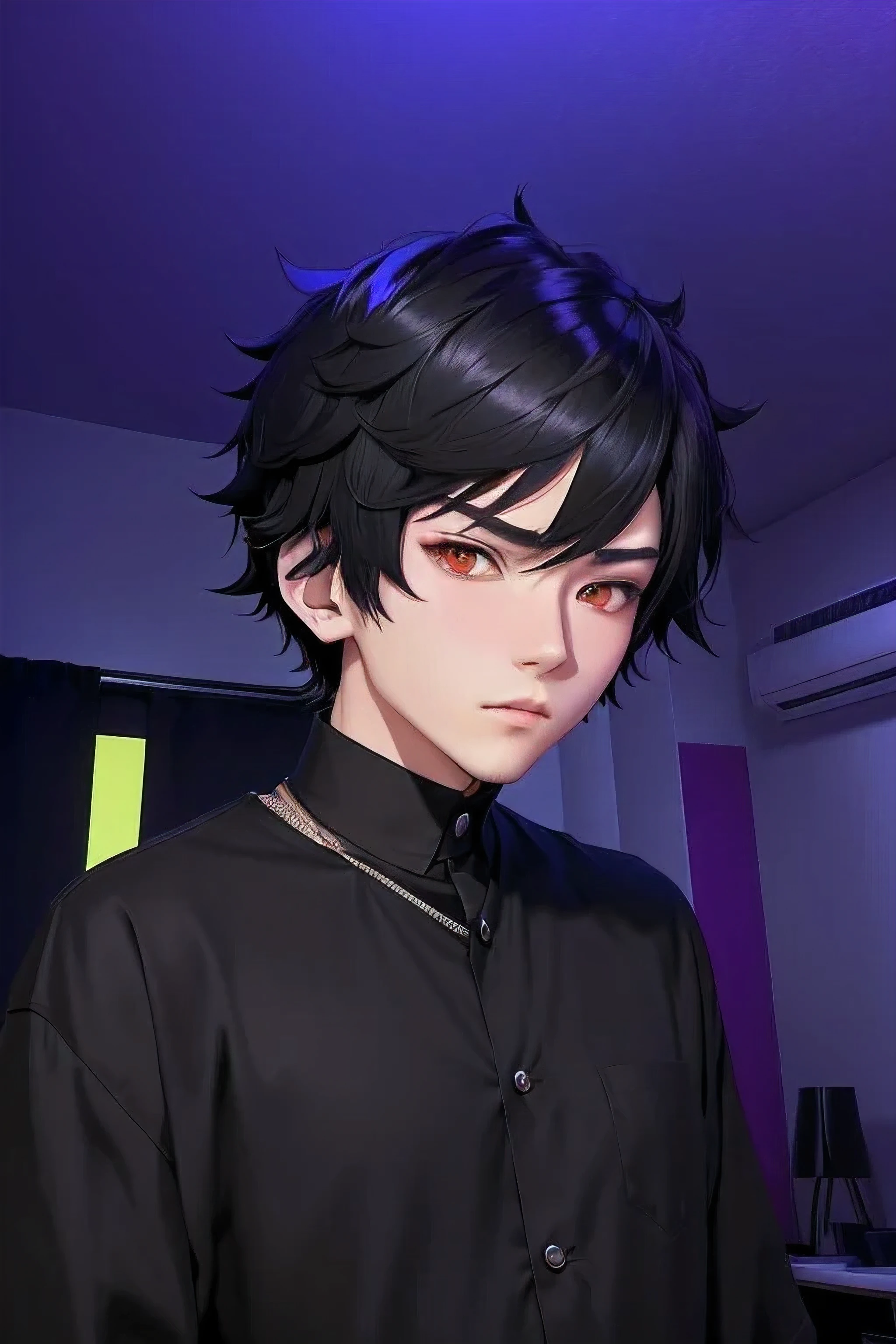anime boy in black shirt standing in front of a bed, boy has short black hair, anime styled 3d, anime vtuber full body model, live2d virtual youtuber model, young anime man, as an anime character, sui ishida with black hair, male anime style, ig studios anime style, realistic anime 3 d style, persona 5 style