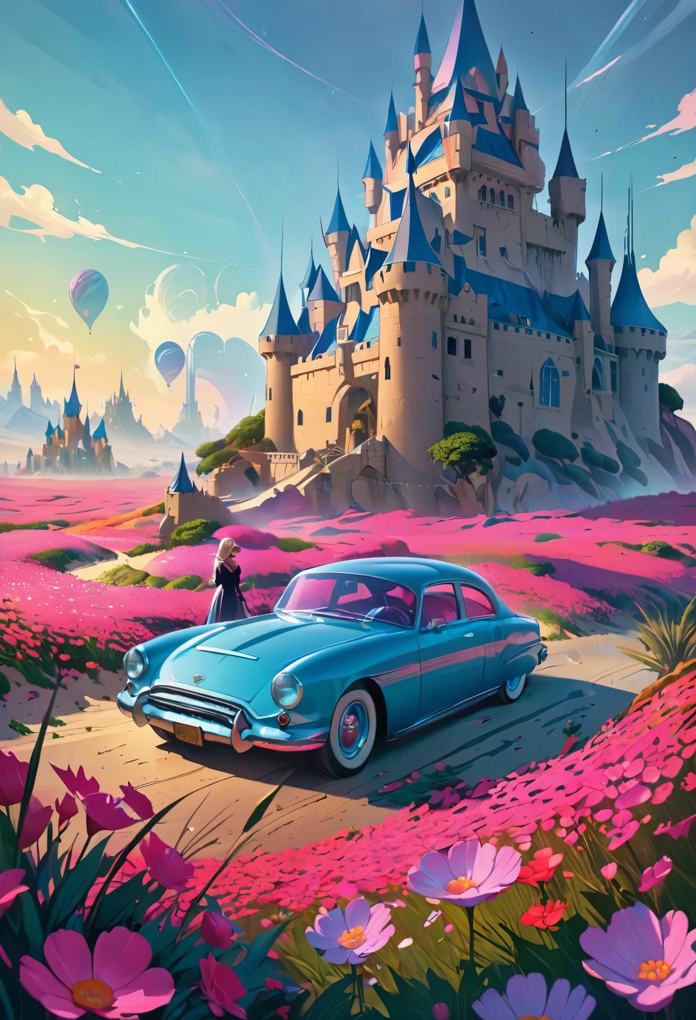 female, dress, castle, A car is driving through a desert filled with pink flowers, Ross Tran. Landscape Background, Highly detailed digital art in 4K, Highly detailed digital painting, Great art style, Beeple and tim hildebrandt, Beautiful artwork illustration, Cyril Rolland and Goro Fujita, Surreal concept art, artgem and Beeple masterpiece, realism | Beeple