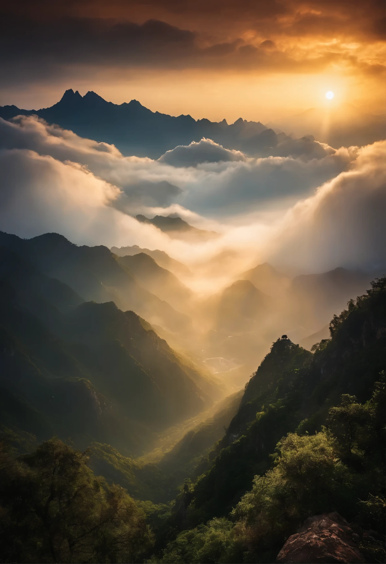 Sun rays,Sea of Clouds Mountains,splendor,landscape,China is big,fairy tale,Tyndall effect,Lighting Effects,Dreamy and magical