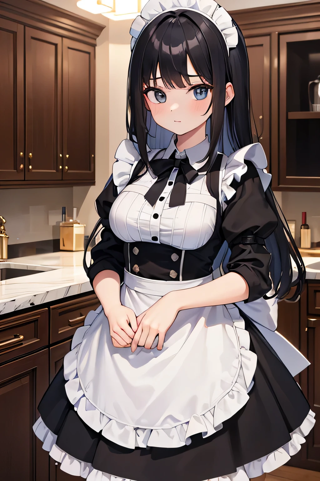 (8k, highest quality, Tabletop:1.2)、Ultra-high resolution、One 17-year-old girl, Detailed face、black eye, Black Hair, Straight Hair, Classic maid outfit, Luxurious Western-style house kitchen, I&#39;m cooking