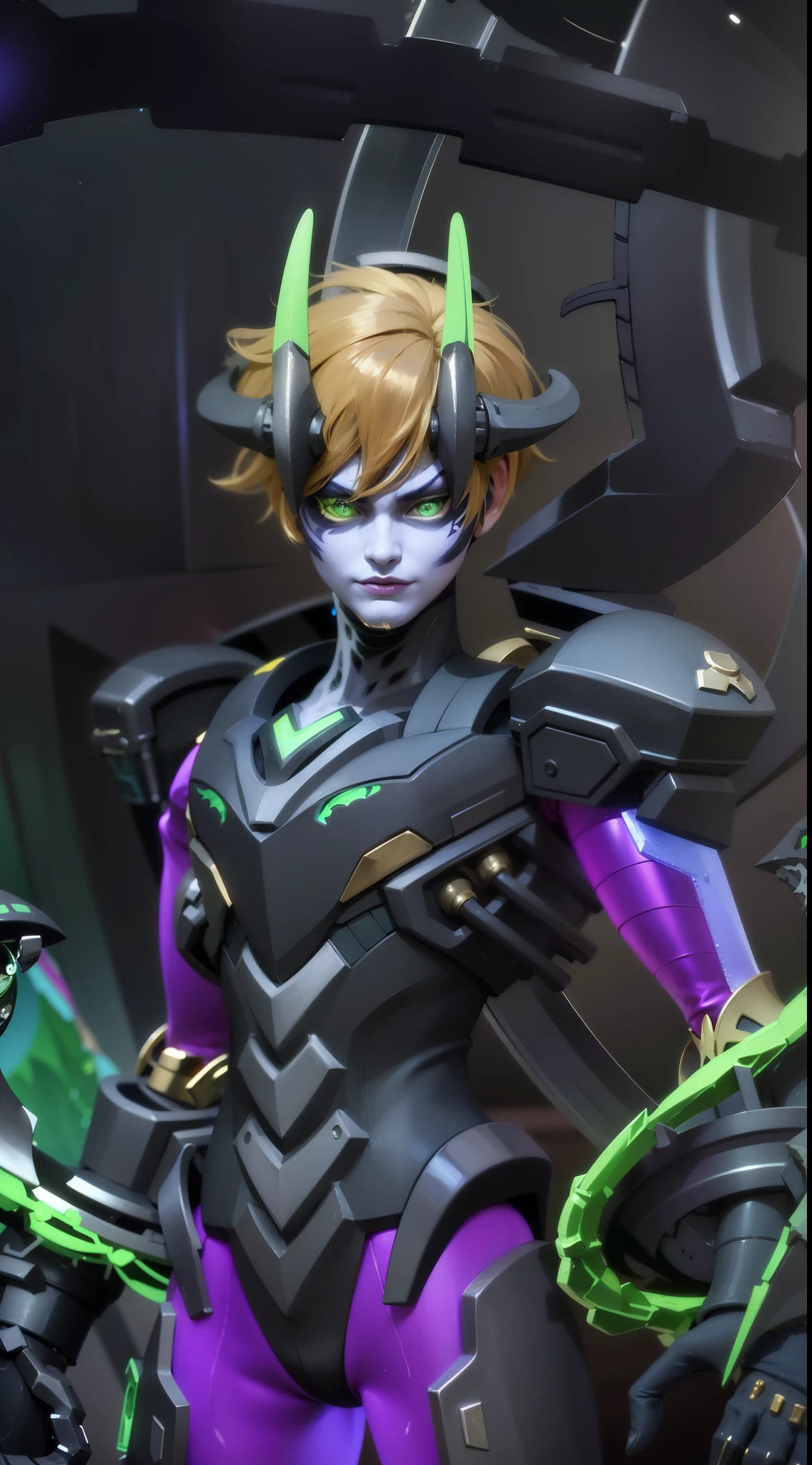 a close up of a person in a purple and green outfit, Masterpiece, ultra HD, detailed all picture, a close up of a devil, dyrroth from mobile legend, evil, extremely detailed artgerm, mobile legends character, inspired by Dyrroth, Six pack chest and abs, black jewel above the chest, light green eyes.