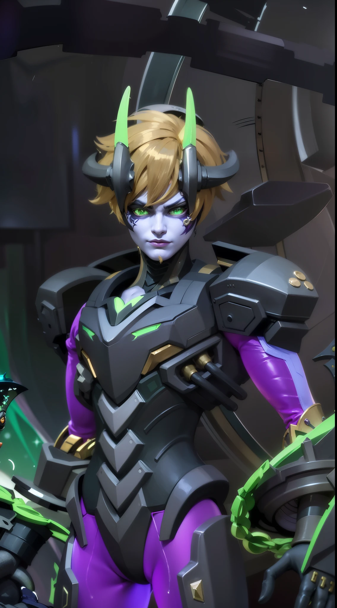 a close up of a person in a purple and green outfit, Masterpiece, ultra HD, detailed all picture, a close up of a devil, dyrroth from mobile legend, evil, extremely detailed artgerm, mobile legends character, inspired by Dyrroth, Six pack chest and abs, black jewel above the chest, light green eyes.