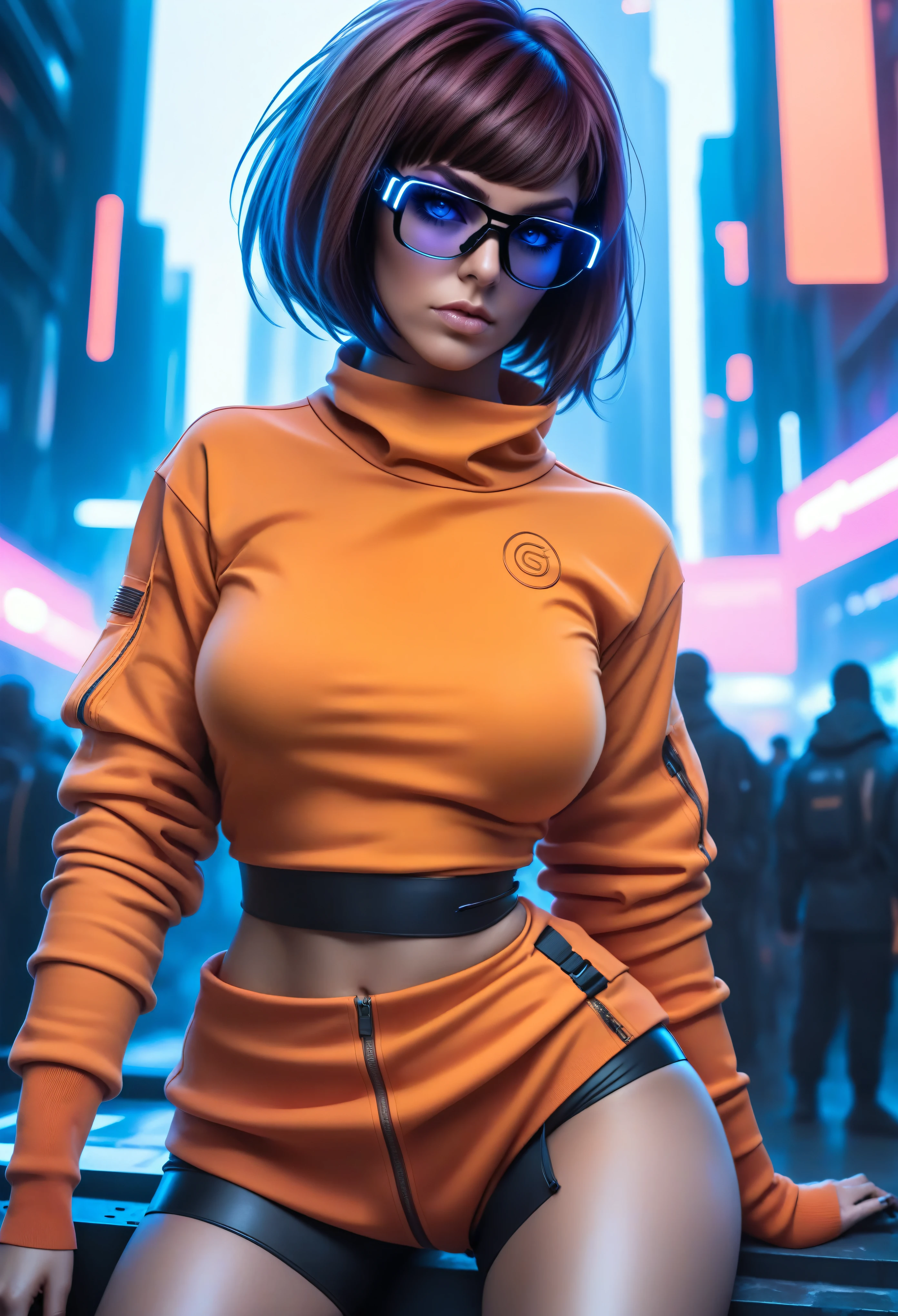Techwear fashion in the style of artgerm, Cyberpunk Style, 1woman, Velma, cyberpunk clothing, female focus, city,cyberpunk background, robot, science fiction, solo, full body, wires and cables, . Futuristic, cyberpunk, urban, tactical, sleek, dark, highly detailed  