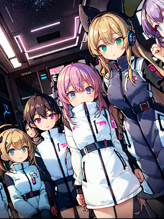 (Seven girls and one boy),(7 girls in a row),(Brunette color hair, Black-eyed ,Blonde ,White haired red eyed ,Purple hair and heterochromatic pupils ,Pink Hair, Green Eyes, change),(astrovest):3,headphones,Smart,futuristic space Classroom Background,BREAK inside spaceship room