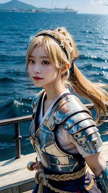 Japanese women、young、Beautiful Skin、Gal、elation、Blonde Hair、Straight ponytail、long hair、Ocean、On the ship、armor、headband、Fight、spear、Sengoku period