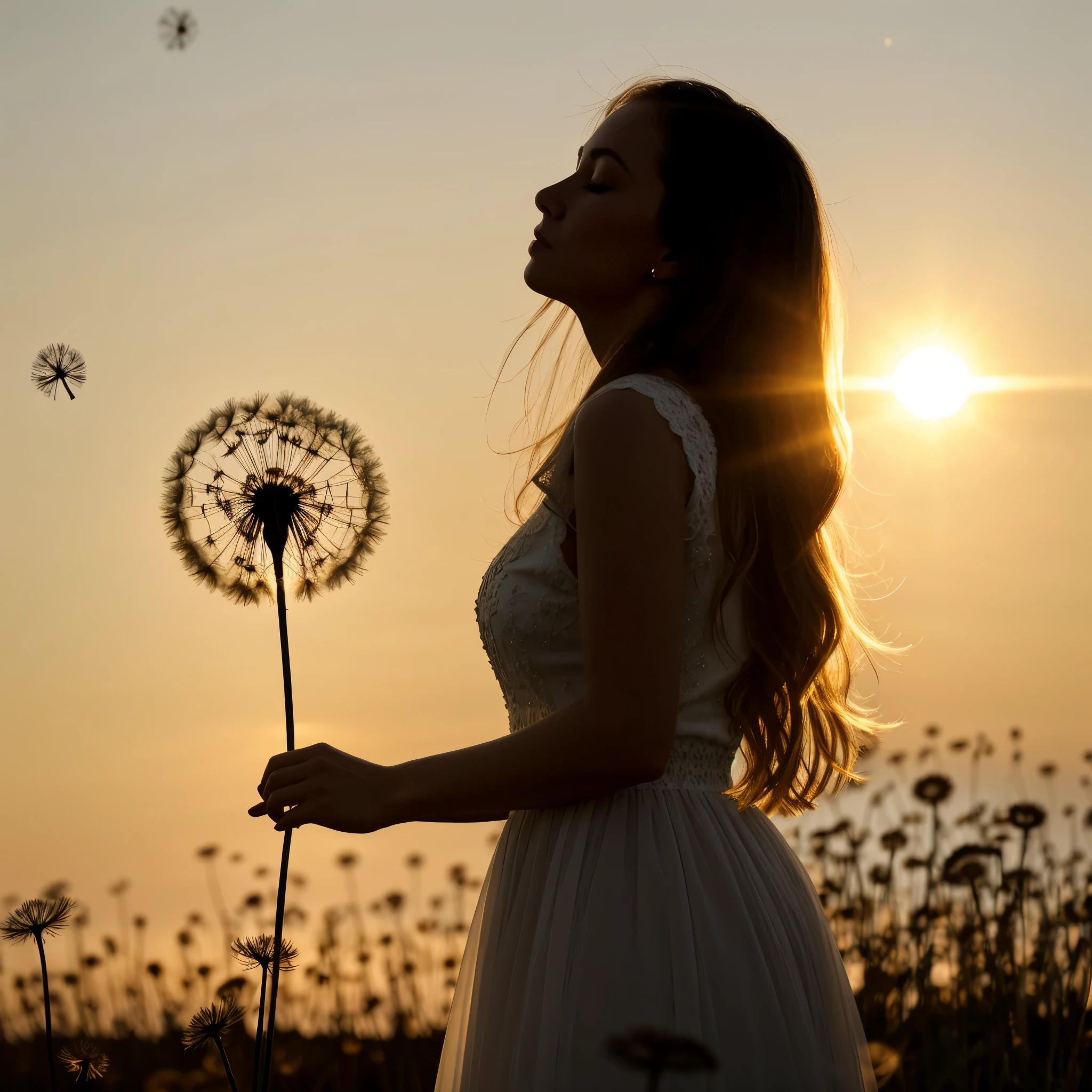 black and white photo raw, Dreamy Close-Up, Experiment with backlighting to create a halo effect around the woman's figure as she blows on the dandelion, her silhouette outlined against the golden glow of the setting sun. Capture the dandelion seeds as they catch the light, symbolizing hopes and dreams taking flight.