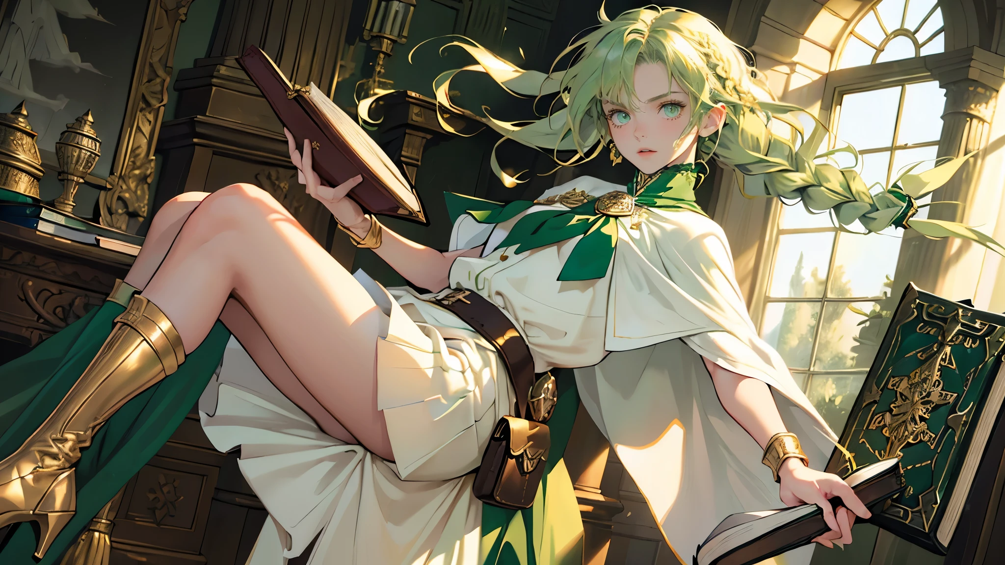 masterpiece, ultra detailed, 8k portrait, RAW photo, portrait photography, highly detailed face, beautiful and meticulous eyes, ((Fantasy)), Young beautiful, s old, (((drooping eyes))), dynamic pose, (((short wavy light green hair))), ((braided twin tail)), parted bangs, White skin color, Luxury, (((white tunic and skirt))), (((green cape))), (((golden brooch))), (((little waist hip pouch))), high cut leather boots, ((holding magic book)), Midday Sun, hyper realistic, slender body, flat chest, Long legs, in the medieval magic classroom, Ambient lighting, Shadow details , Camera focus on face, strong breeze, Light fog