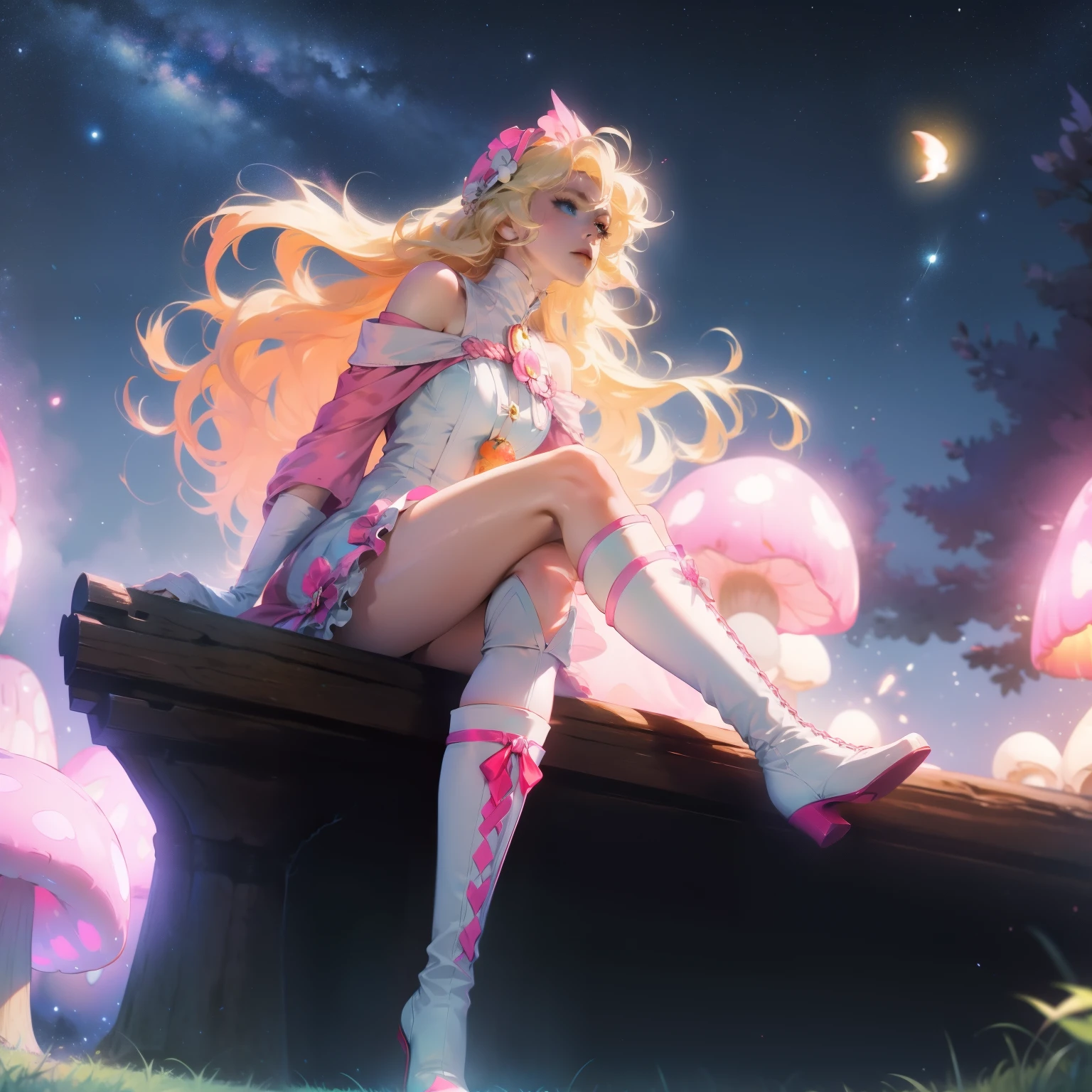 Anime girl with light blonde hair，With light blue eyes，Wearing a pink off-the-shoulder puff-sleeved dress and knee-high white boots，Sitting in the woods，Next to it is an orange mushroom，Surrounded by fireflies under the starry sky  