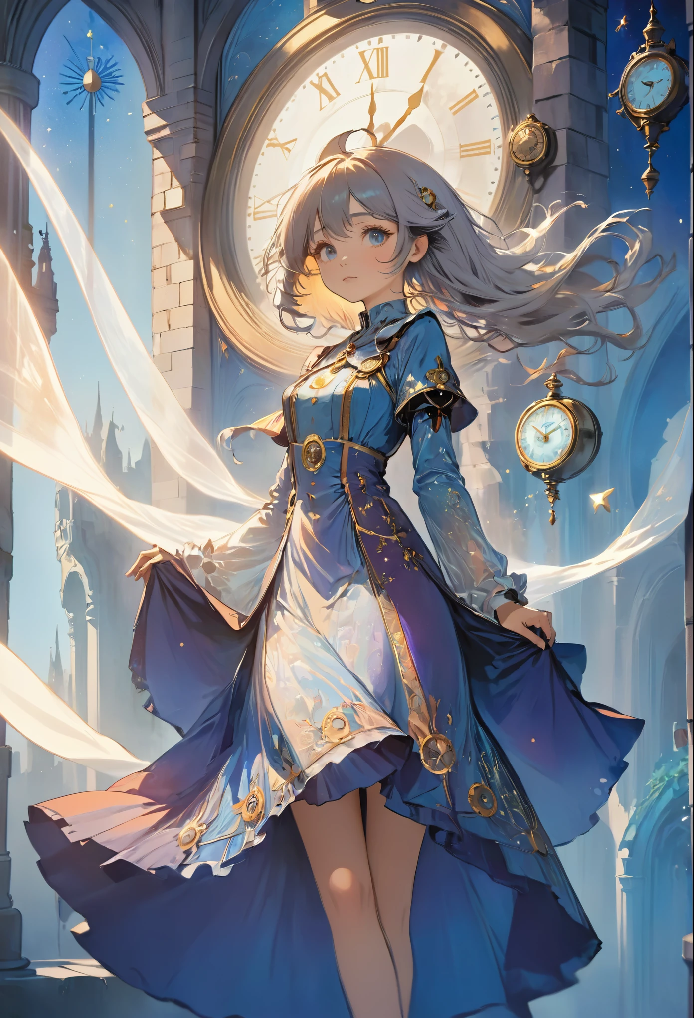 female, dress, castle, Anime girl in a dress with a clock in the background, Anime fantasy illustration, Alphonse Mucha and Rosdro, Beautiful anime artwork, Beautiful Celestial Magician, high detailed Official artwork, Official artwork, Anime fantasy artwork, artstation pixivでトレンド, Beautiful anime art, pixiv artstationのguweiz, Digital art on pixiv, Beautiful artwork illustration