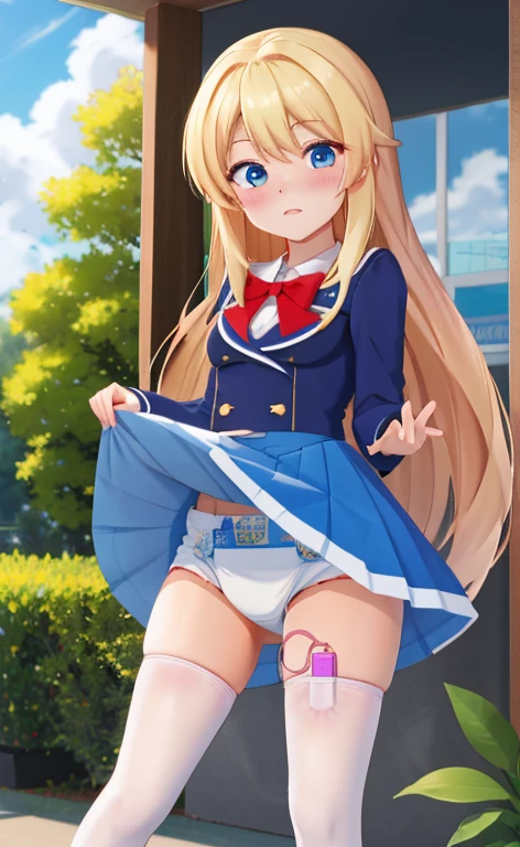 Beautiful long blonde hair　Shyness　blue eyes　　Watery eye　Diapers　high school girl　Pleated skirt　Lift up your skirt　vibrator in thighhighs　thighvibe