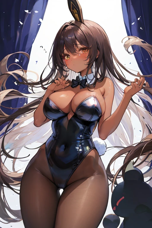 Beautiful illustrations, highest quality, Cute Woman、Clear Face、、blush、Perfect hands、Thighs、(Perfect Face:1.1), Beauty、Adult women、Long black hair、Large 、Bunny Suit、Dark Skin
