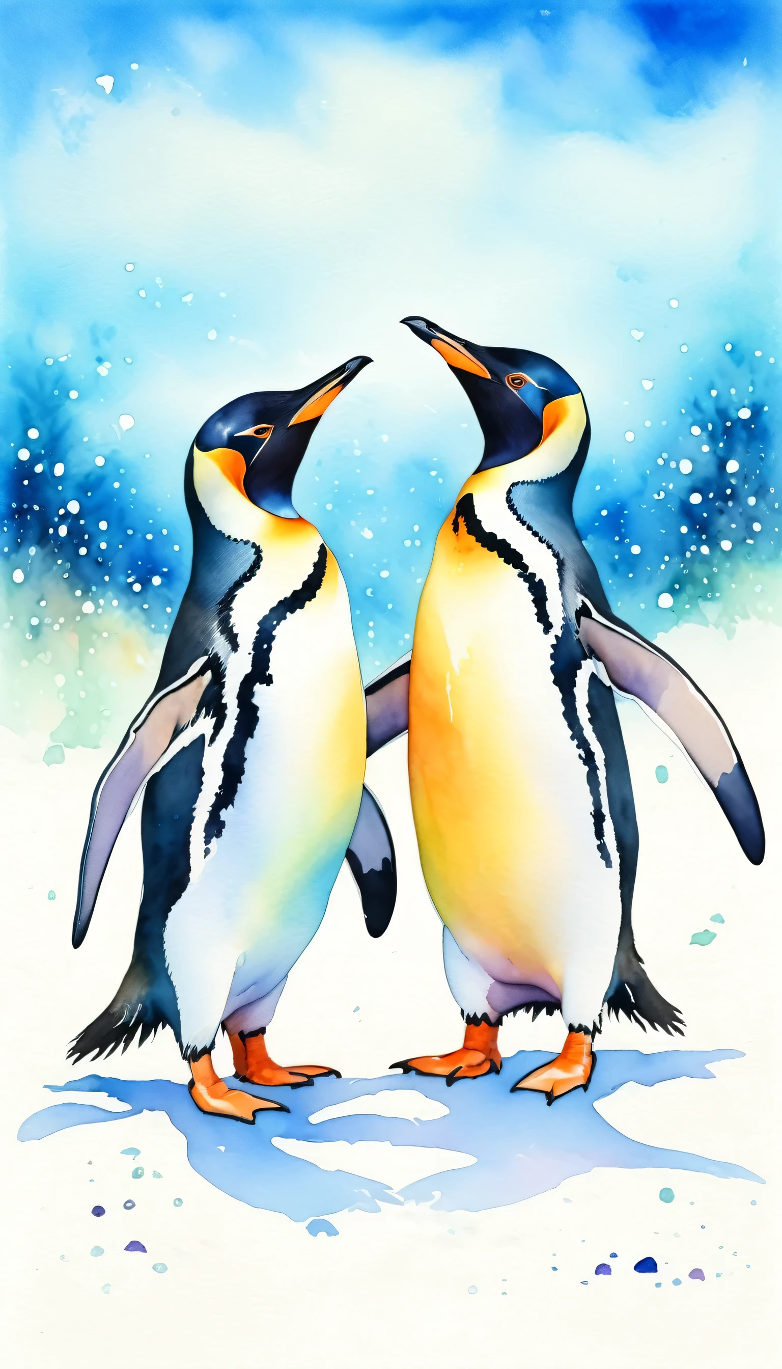 a couple of penguins dancing in the snow, enjoying the outdoors under the sky, no_humans, animal_focus, outdoors, animal, realistic, penguins, modern art, painting, drawing, watercolor, psychedelic colors