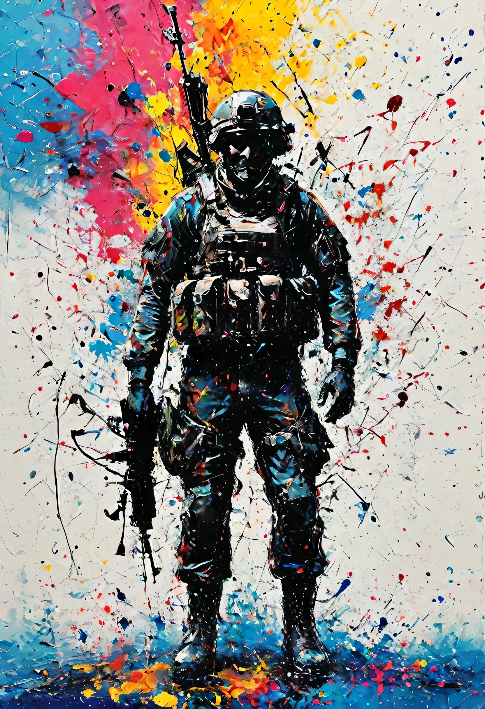 (masterpiece, highest quality, Official Art:1.2), (Flat Color:1.5),(colorful),Special Forces Soldier、silhouette、High Contrast、White Background, floating colorful water,(2D:1.5) 