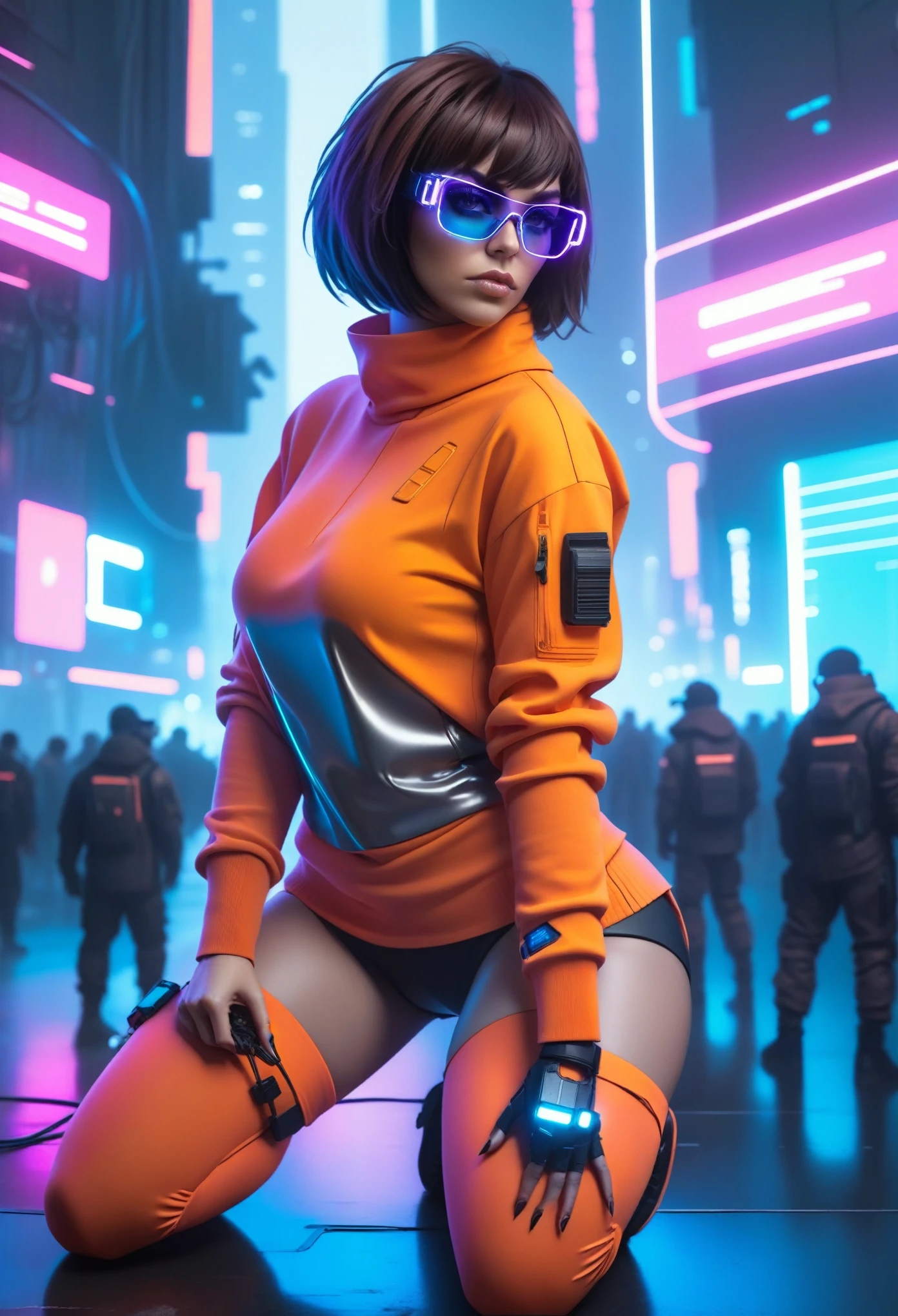 Techwear fashion in the style of artgerm, Cyberpunk Style, 1woman, Velma, cyberpunk clothing, female focus,neon sunglases, city,cyberpunk background, robot, science fiction, solo, full body, wires and cables, . Futuristic, cyberpunk, urban, tactical, sleek, dark, highly detailed  