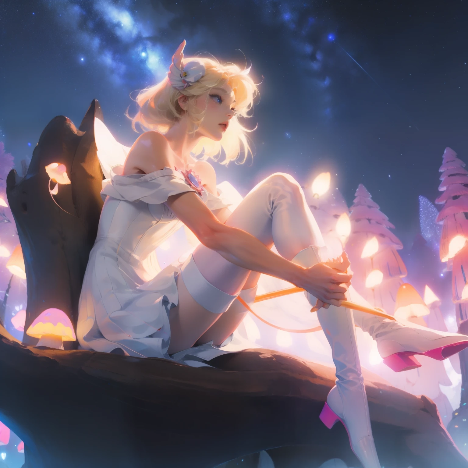 Anime girl with light blonde hair，With light blue eyes，Wearing a pink off-the-shoulder puff-sleeved dress and knee-high white boots，Sitting in the woods，Next to it is an orange mushroom，Surrounded by fireflies under the starry sky  