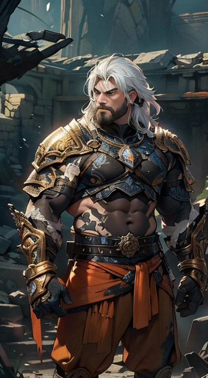 ink illustration, realistic, wide angle, dwarven warrior wearing iridescent butterfly armor, fierce, movie pose, deep cavern gorge, ink stains, ink splatters, ink runs, ink spots, faded ink, linquivera, ((masterpiece, best quality)),(complex light),solo,solo focus,1boy,asura, white hair, glowing eyes, furious, golden arms, simple background, fighting stance, destroyed debris background