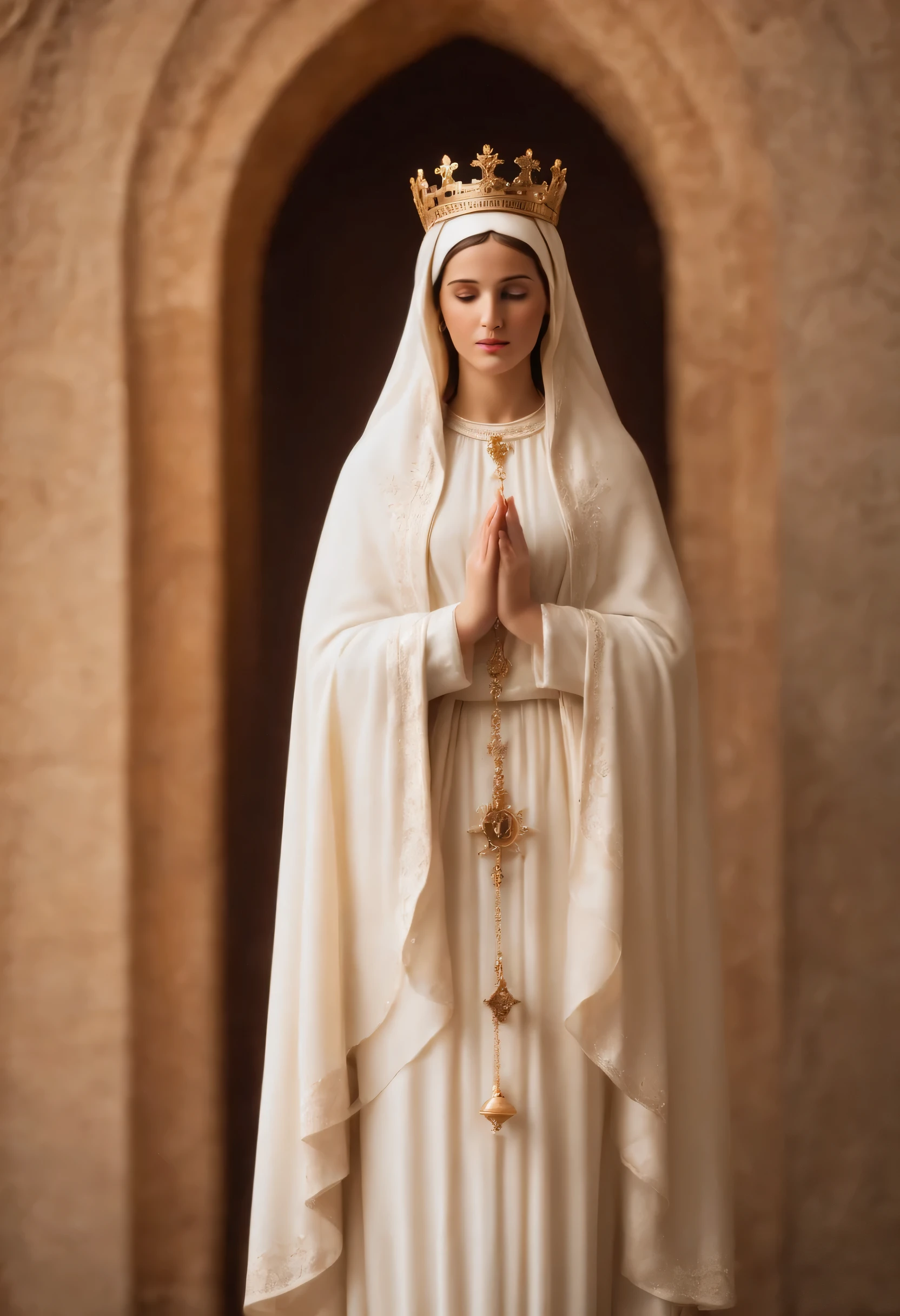 realistic image of Our Lady of Fatima, she has a gentle look down, highly detailed image, model photography style, (extremely detailed 8k CG wallpaper), the most beautiful art photo in the world, delicate, intricate, high detail, Sharp, dramatic, photorealistic focus