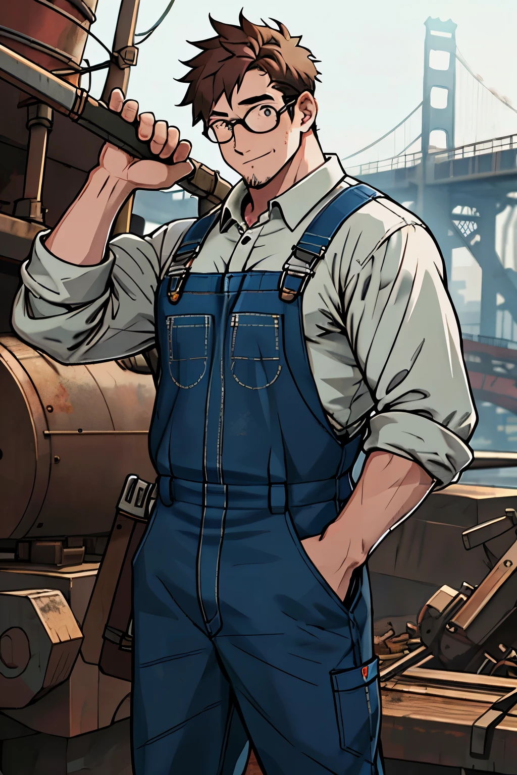 Cartoon engineer man in welding glasses, holding a wrench in hand, not anime-style but more caricatured and less exaggerated. His attire consists of a functional overalls suit, covered in smudges and grease stains. His face is rounded and expressive, with rosy cheeks and a few wrinkles around the eyes. The welding goggles rest on the bridge of his nose, slightly askew. The wrench he holds is old and rusty, reflecting his dedication and hard work. The engine parts in the background are depicted with intricate detail, showcasing the precision and expertise of the engineer. The overall scene exudes a sense of industriousness
