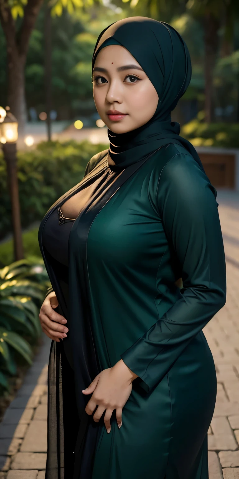 1 malay girl, modern plain hijab, shy, medium portrait, watery eyes, wearing dark green kebaya, ((big breasts)), black bokeh background, well-proportioned body,, chubby massive thighs, full body pose, Hena art on the body, hena art on face, slightly fat body 