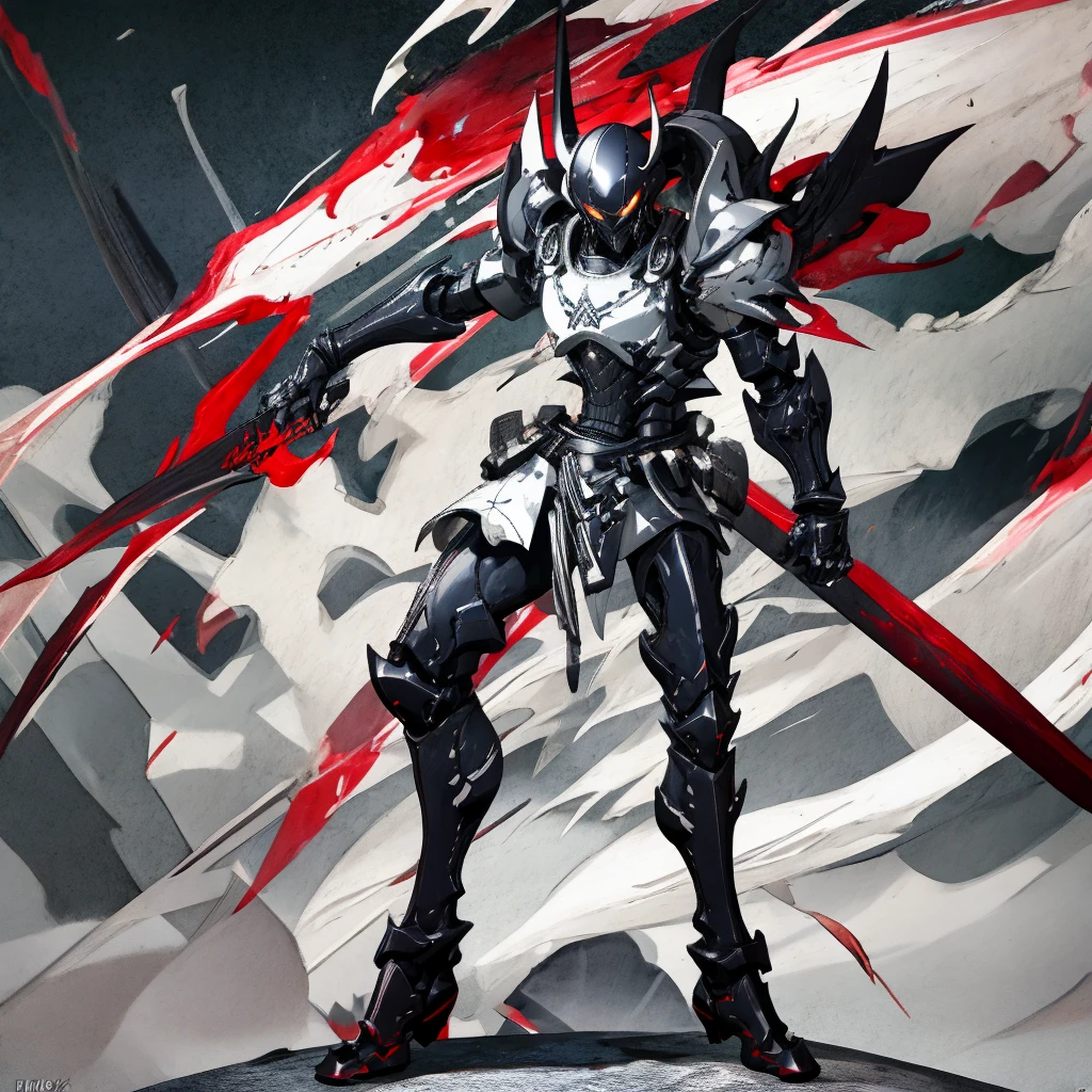 (((Detailed)))(((cool)))((deadly))(((white armour)))Evil eyes, cool ninja guy with full body armour, white from the armour cracks, armour resembles samurai armour but more darker, white armour, shadow power, red glowing sword, double sword in the hips, cool stance, detailed armour lines, ninja gas mask.