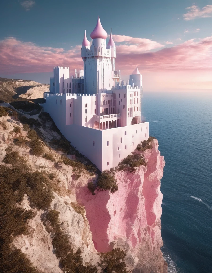 surrealism art style of (The only white dream castle on the cliffs),(minimalist composition), clouds, (surrealism),(clean background),(Cinema4D rendering style),(high resolution photography),(fantasy),(minimalist sculpture art installation),Blue sky，pink，by Peter Zumthor,by Zaha Hadid,by Antoni Gaudi,by Frank Gehry,Dreamy Atmosphere,Romantic Atmosphere,high detail,hyper quality,high resolution,trending on artstation,surrealism,16K,Virgo, ♍︎,Cancer, ♋︎,Pisces, ♓︎,long shot,Split Lighting,