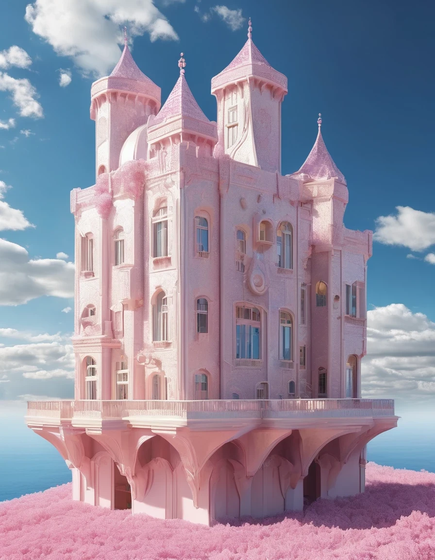 surrealism art style of (The only white dream castle on the cliffs),(minimalist composition), clouds, (surrealism),(clean background),(Cinema4D rendering style),(high resolution photography),(fantasy),(minimalist sculpture art installation),Blue sky，pink，by Peter Zumthor,by Zaha Hadid,by Antoni Gaudi,by Frank Gehry,Dreamy Atmosphere,Romantic Atmosphere,high detail,hyper quality,high resolution,trending on artstation,surrealism,16K,Virgo, ♍︎,Cancer, ♋︎,Pisces, ♓︎,long shot,Split Lighting,