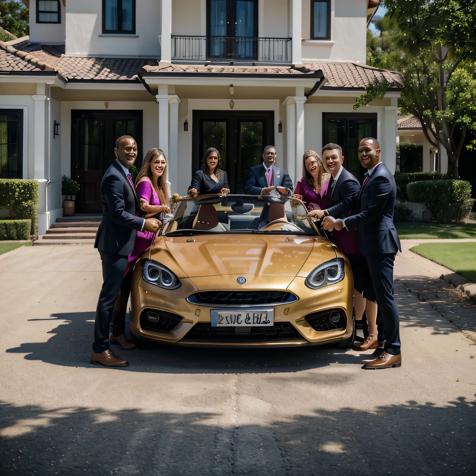 smiling group of people celebrating, holding keys to a new car, the deed to a house, or other property,photorealistic,high-res,extremely detailed,professional,emotional people,happy,joyful,momentous occasion,beautiful surroundings,luxury car,expensive house,portraits,sharp focus,vivid colors, bright lighting,impressive background,masterpiece:1.2