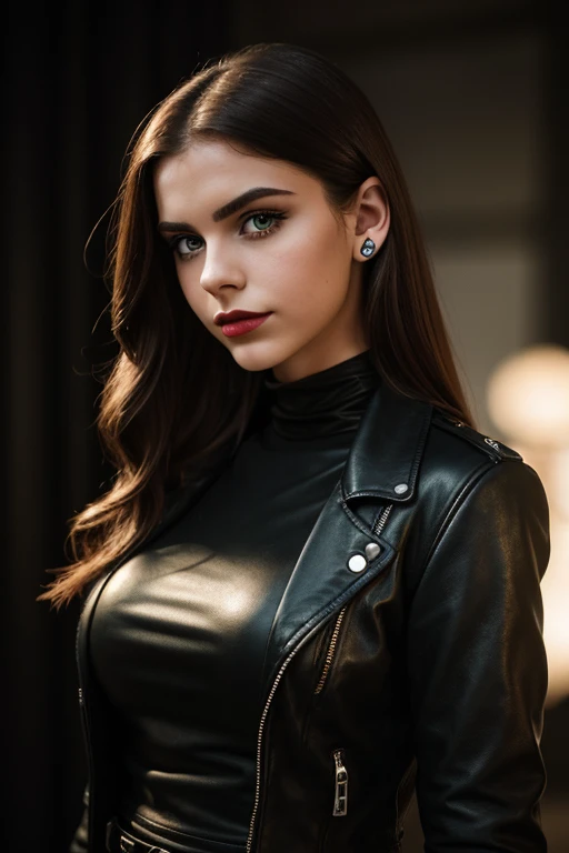 18 year old gothic british girl, long leather pencil skirt, leather jacket, medium breasts, red lips, green eyes, medium eyelashes, medium nose, medium ears, thick eyebrows, long redhair, looks silly away, natural skin, moles on skin, (cinematic, film grain: 1.1) smile, dynamic body posture, full body, + cinematic darkness, chiaroscuro, contrasted, ma(:0)disyn s(:0)hipman, all prologue, continuation, youth body, at the French Riviera film festival, corporate punk, wrapped, surreal, high quality photography , 3-point lighting, flash with softbox, 4k, leica m6, hp5 plus, sharp focus, high resolution, award-winning photography, medium photo grain, 50mm, f2.8, depth of field