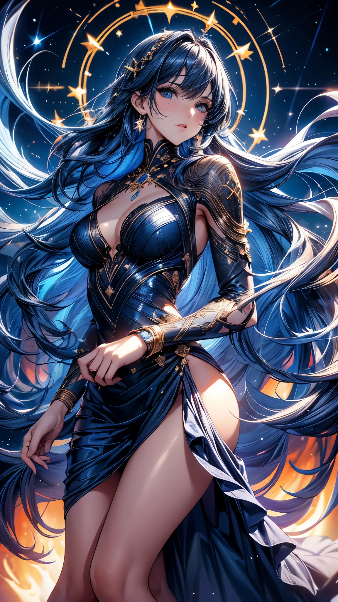 ( absurd , high quality , Super detailed, Be careful with your hands )Constellation-Sagittarius Goddess , similar to latin goodness . optimistic, fair, Funny and intelligent face . reckless, ruthless, impatient, Overconfident style . Deep blue eyes (Eye details) , Dark blue hair,shining , Sheer dress , In the starry sea , whole body , Fire , Chiron, Octane Render