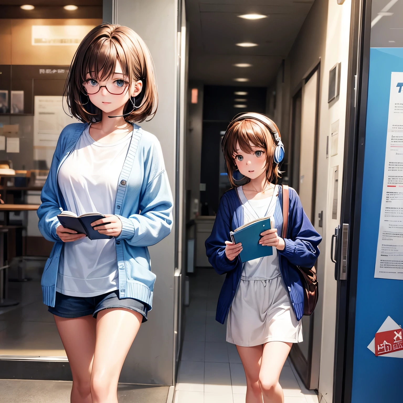 A girl, 18 years old, wearing a blue cardigan with a white T shirt inside it. Hazel eyes, brown hair, 170cm, asian, smart, Wearing headset, walking while reading a science boom