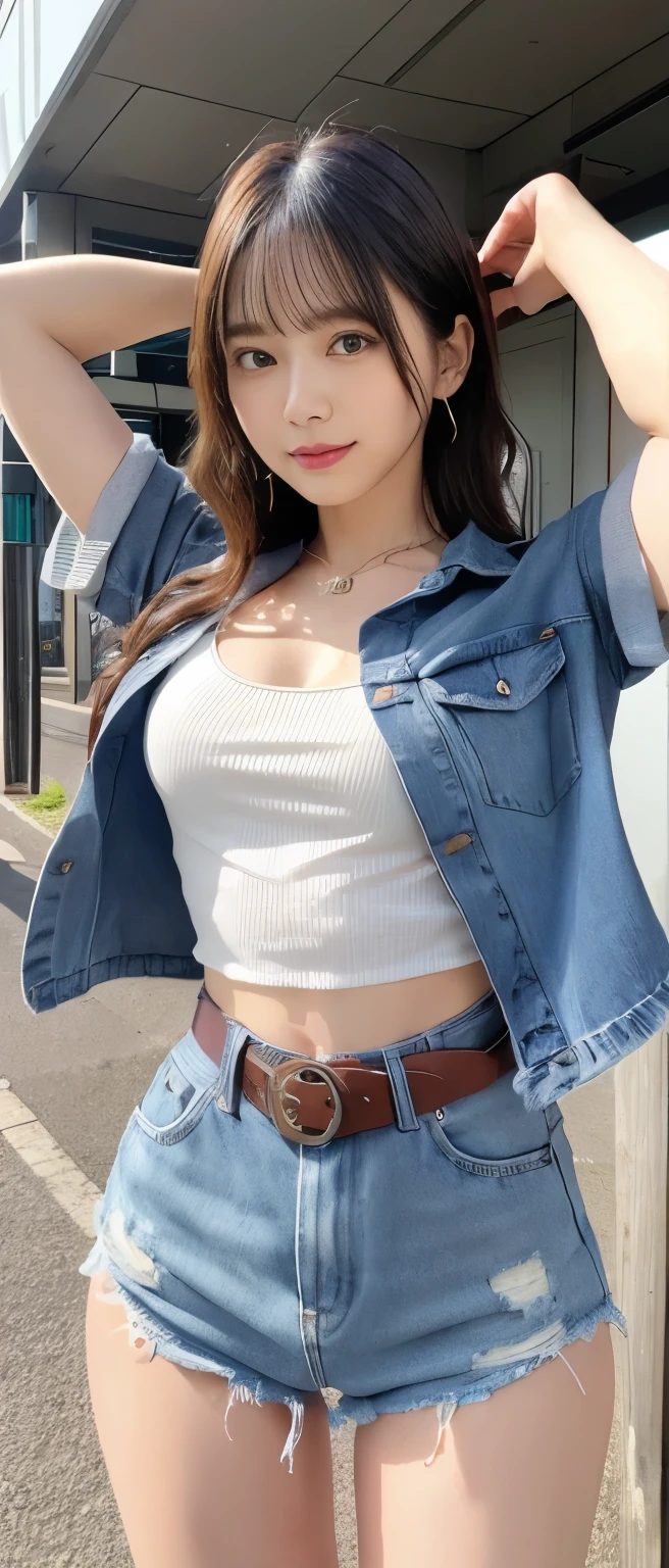 Cool idol girl、whole body、Good style、、、、、、、、Long distressed denim pants with partial leg exposure、、White Tank Top、Brown Curly Hair、Wonder Belt、