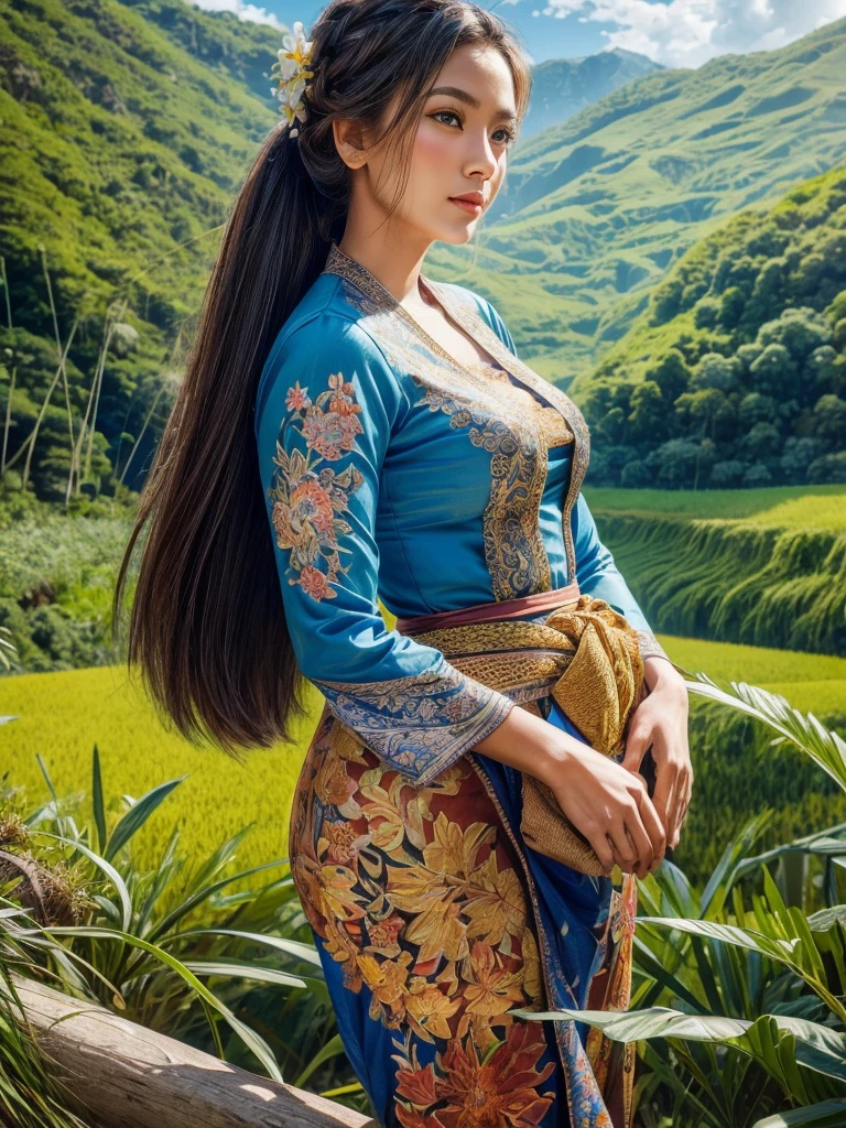 Gorgeous alluring curvy seducing Dutch-Sundanese peasant woman donning a semi transparent mediocre tight and thin kebaya dress and tight batik long skirt, simple messy bun hairdo with small beautiful flowers in her hair, European look, perfect eyes, perfect face, insanely detailed and intricate terraced rice field background with bamboo forest and coconut plantation in a far distance, a vibrant beautiful flower bush in foreground, oil on canvas painting, realistic style, heavily influenced by Don Lawrence photorealistic brush stroke style