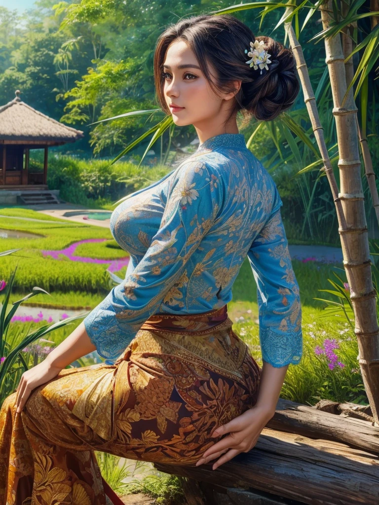 Gorgeous alluring curvy seducing Dutch-Sundanese peasant woman donning a semi transparent mediocre tight and thin kebaya dress and tight batik long skirt, simple messy bun hairdo with small beautiful flowers in her hair, European look, perfect eyes, perfect face, insanely detailed and intricate terraced rice field background with bamboo forest and coconut plantation in a far distance, a vibrant beautiful flower bush in foreground, oil on canvas painting, realistic style, heavily influenced by Don Lawrence photorealistic brush stroke style