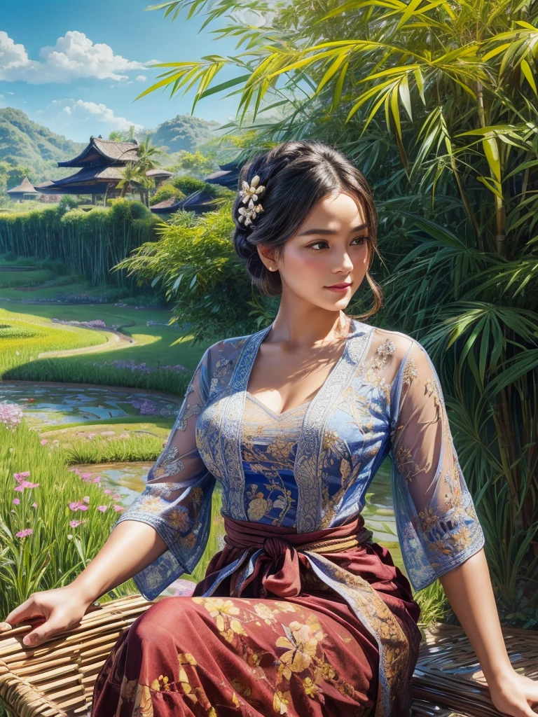 Gorgeous alluring curvy seducing Dutch-Sundanese peasant woman donning a semi transparent mediocre tight and thin kebaya dress and tight batik long skirt, simple messy bun hairdo with small beautiful flowers in her hair, European look, perfect eyes, perfect face, insanely detailed and intricate terraced rice field background with bamboo forest and coconut plantation in a far distance, a vibrant beautiful flower bush in foreground, oil on canvas painting, realistic style, heavily influenced by Don Lawrence photorealistic brush stroke style